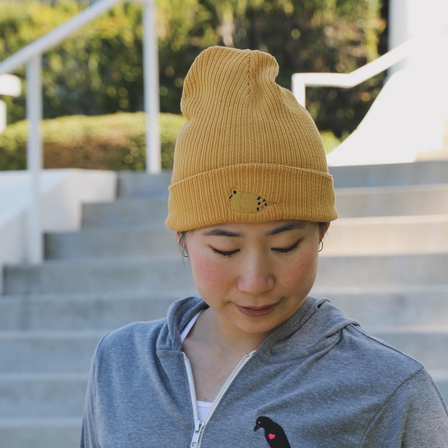 Organic Cotton Embroidered Beanie - Mourning Dove